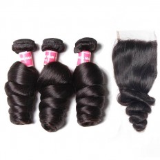 Kriyya Loose Wave 3 Bundles With 4*4 Lace Closure Malaysian 100% Virgin Hair