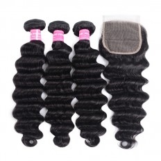 Kriyya 3 Bundles Loose Deep Wave Unprocessed Virgin Hair With 4*4 Lace Closure