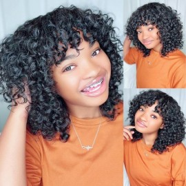 Kriyya Popular Style Bob Curly Wig With Bangs  Stylish Short Hair Thick Human Hair