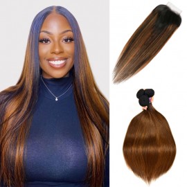 Kriyya Caramel Balayage Highlights Color Straight 4X4 Lace Closure With 3 Bundles Virgin Hair