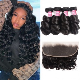 Kriyya Indian Remy Hair Wet And Wavy Hair Loose Wave 4 Bundles With 13x4 Lace Frontal Closure