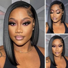 Kriyya Human Hair Bob Wigs With Side Part Short Blunt Cut  Lace Front Wig Asymmetric Bob Wigs