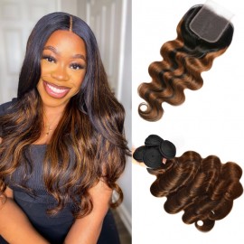 Kriyya Caramel Balayage Highlights Color Body Wave 4X4 Lace Closure With 4 Bundles Virgin Hair