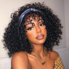 Kriyya Headband Wigs Jerry Curly Bob Wig With Removable Bangs Glueless Human Hair Wigs 150% Density