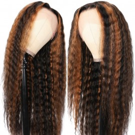 Kriyya Beach Wave Human Hair Wigs Pre-Plucked Brown Highlight 13×4 Lace Front Wigs 150% Density