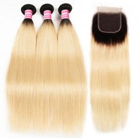 Kriyya Malaysian 3 Pcs T1B/613 Ombre Blonde Straight Virgin Human Hair With 4x4 Lace Closure