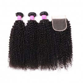 Kriyya 3 Bundles Kinky Curly With 4*4 Lace Closure Peruvian Human Hair