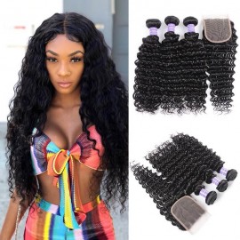 Kriyya Brazilian Unprocessed Human Hair Deep Wave 3 Bundles With 4*4 Lace Closure
