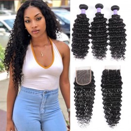 Kriyya  Malaysian Deep Wave Hair 3 Bundles Virgin Hair With 4*4 Lace Closure