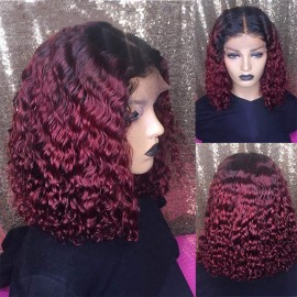 Kriyya 99J Ombre Jerry Curly Lace Bob Wig Burgundy 13x4 Lace Front  Human Hair Wigs 150% Density