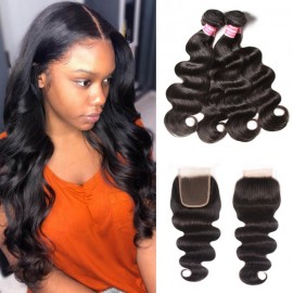 Kriyya Body Wave Brazilian 4 Hair Bundles With Closure 4X4 Inch