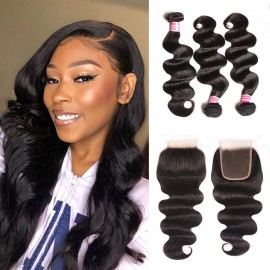 Kriyya Indian Remy Hair 3 Bundles With Closure 4X4 Inch Body Wave Weave