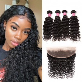 Kriyya Deep Wave Brazilian Hair 4 Bundles With Pre plucked 13x4 Lace Frontal