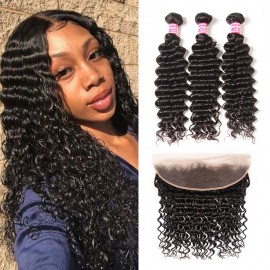 Kriyya 3 Bundles Deep Wave Virgin Hair With 13*4 Lace Frontal Brazilian Human Hair