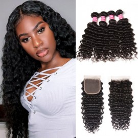 Kriyya Brazilian Deep Wave Weave Hair 4 Bundles With 4X4 Closure