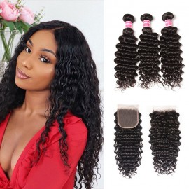 Kriyya Brazilian Deep Wave Human Hair 4X4 Closure With 3 Bundles Deals