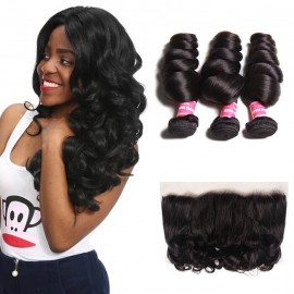 Kriyya  Loose Wave 3 Bundles Natural Hair Weave With 13*4 Lace Frontal Indian Human Hair