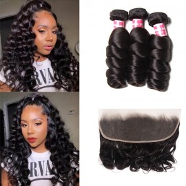 Kriyya Loose Wave 100 Human Hair 3 Bundles With 13*4 Lace Frontal Malaysian Hair