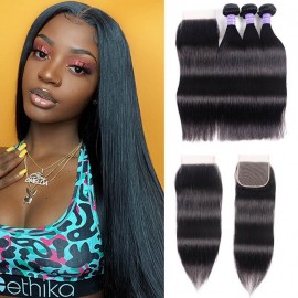 Kriyya 3 Bundles Straight With 4*4 Lace Closure Malaysian Remy Human Hair
