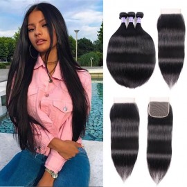 Kriyya Peruvian 3 Bundles With 4*4 Lace Closure Straight Human Hair