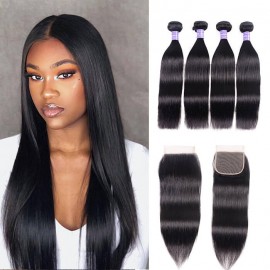 Kriyya Best Brazilian Straight Hair 4 Bundles With 4x4 Closure Virgin Hair