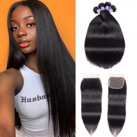 Kriyya Peruvian Straight Hair 4 Bundles Sew In With 4x4 Closure