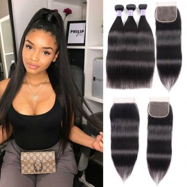 Kriyya Straight Virgin Hair 3 Bundles With 4*4 Lace Closure Indian Hair