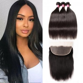 Kriyya Malaysian 100 Human Hair 3 Bundles Straight With 13*6 Lace Frontal