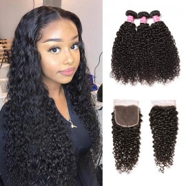 Kriyya 3 Bundles Malaysian Curly Hair Weave With Closure 4X4 Inch 