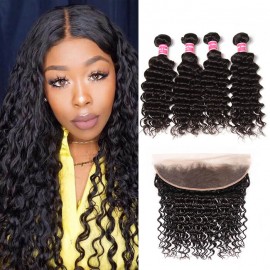 Kriyya Malaysian Deep Wave Virgin Hair 13x4 Pre Plucked Lace Frontal With 4 Bundles 