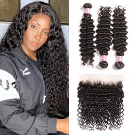 Kriyya 3 Pcs Deep Wave Virgin Hair Bundles With 13*4 Lace Frontal Malaysian Human Hair