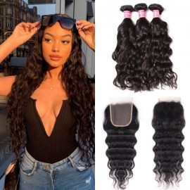 Kriyya Brazilian Virgin Human Hair 3 Pcs Natural Wave With 4*4 Lace Closure