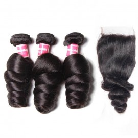 Kriyya 3 Pcs Loose Wave With 4*4 Lace Closure Peruvian 100 Human Hair