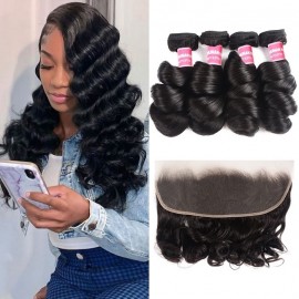 Kriyya Loose Wave 13x4 Lace Frontal Sew In With 4 Bundles Brazilian Human Hair