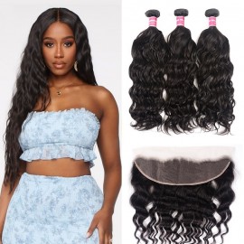 Kriyya Hair Natural Wave Virgin Hair 3 Bundles With Lace Frontal 13*4 Inch