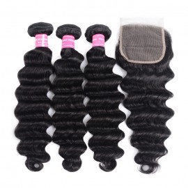 Kriyya Indian Human Hair Loose Deep Wave 3 Bundles With Lace Closure 4*4 Inch