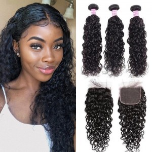 Kriyya 3 Pcs Water Wave With 4*4 Lace Closure Brazilian Remy Human Hair