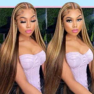 Kriyya Straight Lace Part Wig Honey Blond Highlight Wigs 4 Inch Lace Wig 150% Density