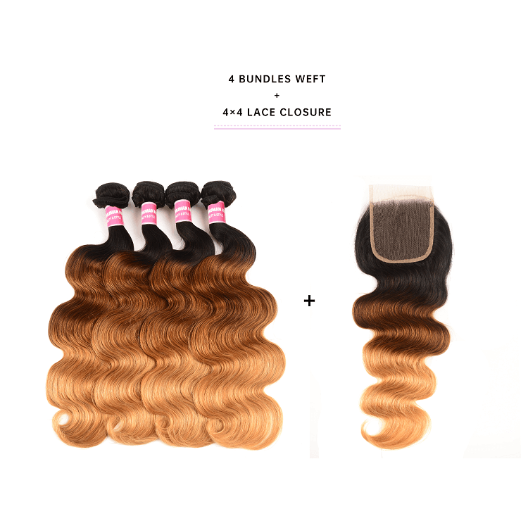 Body Wave T1B/4/27 Ombre Bundle Deals With Closure Body Wave 4 Bundle Deals With 4x4 Closure