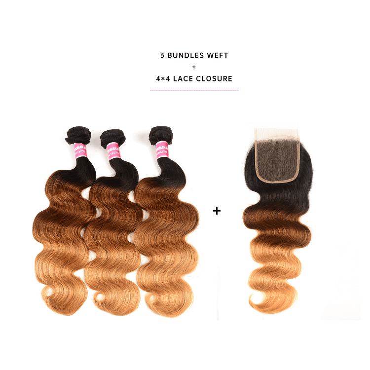 Body Wave T1B/4/27 Ombre Bundle Deals With Closure Body Wave T1B/4/27 Ombre Bundle Deals With 4x4 Closure