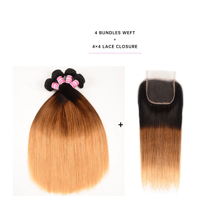 T1B/4/27 Ombre Bundles Straight With Closure Virgin Hair Bundles Straight With 4x4 Closure