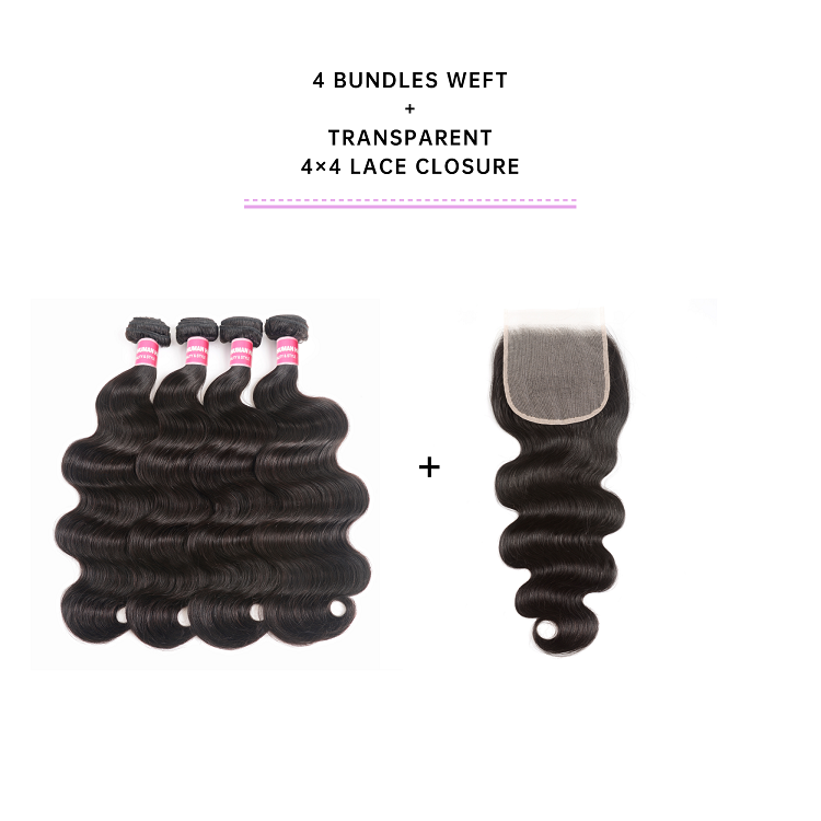4 Bundles Body Wave Virgin Hair With 4x4 Transparent Lace Closure Body Wave Virgin Hair 4 Bundles With Closure