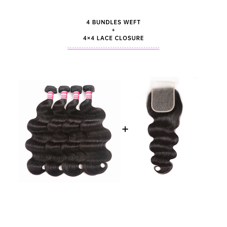 Body Wave 4 Bundles With Closure 4x4 Inch Brazilian Body Wave Hair With 4x4 Lace Closure