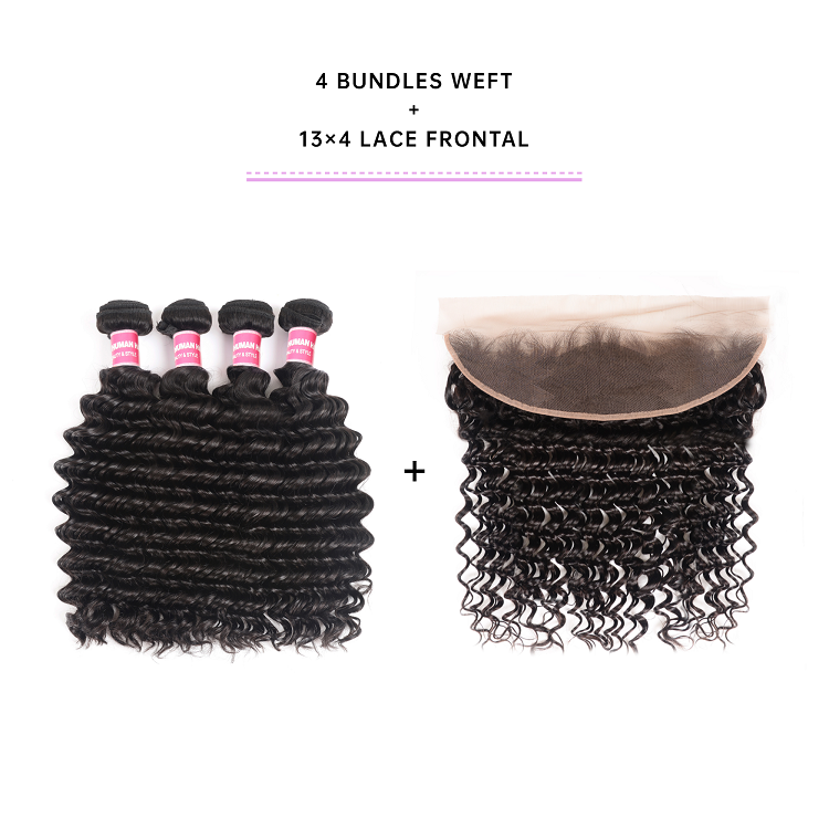 Deep Wave Bundles With 13x4 Lace Frontal 4 Bundles Deep Wave Human Hair With Lace Frontal