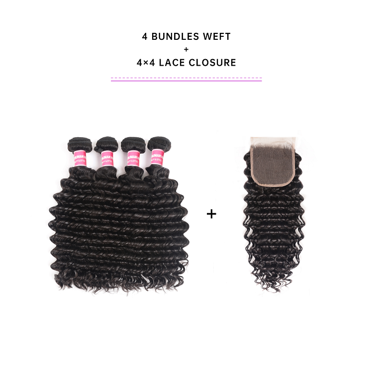 Human Hair Weave With 4x4 Lace Closure Brazilian Deep Wave Hair With 4x4 Lace Closure