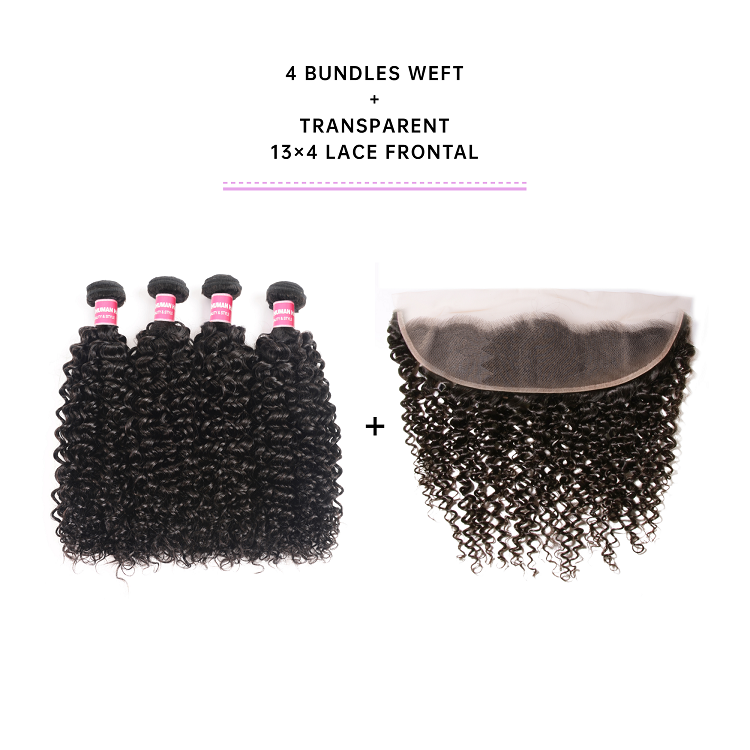 Jerry Curly 4 Bundles With 13x4 Transparent Lace Frontal