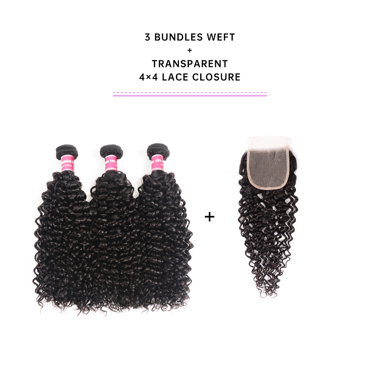 Jerry Curly Virgin Hair With 4x4 Transparent Lace Closure 3 Bundles Jerry Curly With Transparent Closure Deal