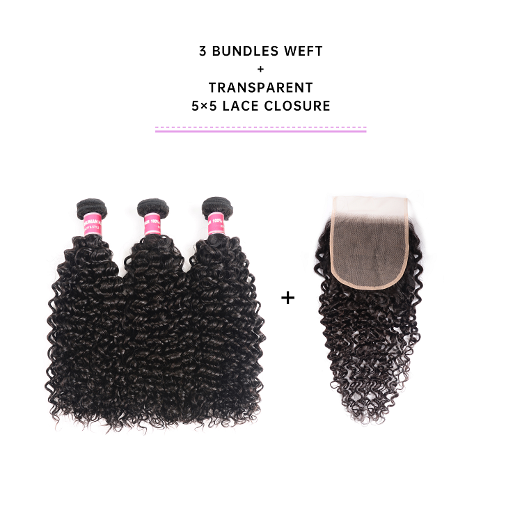 3 Bundles Virgin Hair With Transparent Lace Closure 5x5 Inch Jerry Curly Hair 3 Bundles With 5x5 Lace Closure