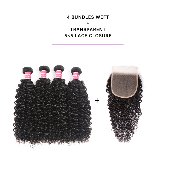 Jerry Curly Human Hair Weave With 5x5 Transparent Lace Closure 4pcs Jerry Curly With Transparent Lace Closure