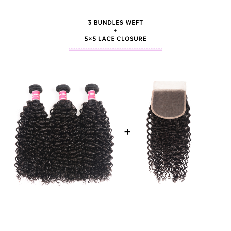 3pcs Jerry Curly Human Hair With Lace Closure Jerry Curly Human Hair Bundles With Closure